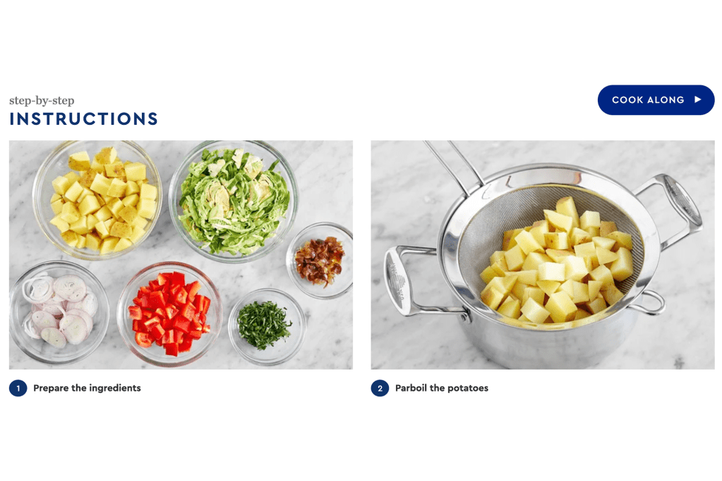 A side-by-side recipe on how to chop vegetables and boil potatoes 